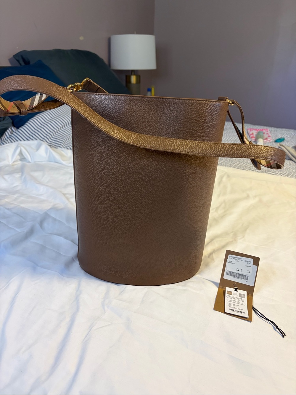 Burberry Chocolate Brown Pebbled Leather Bucket Bag with Check Strap - Picture 3 of 8